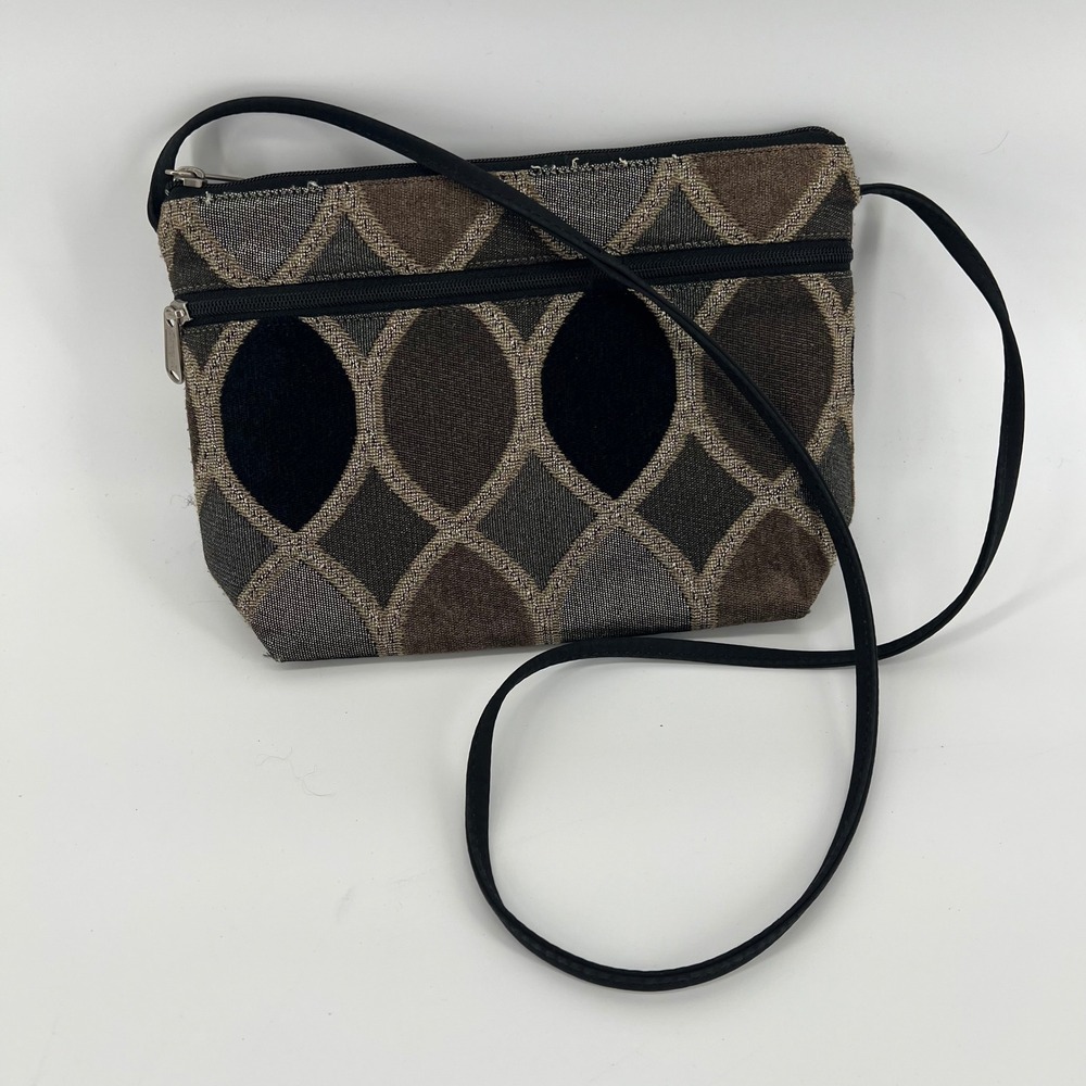 Danny K Small Crossbody Bag Geometric Pattern‎ Black Brown Tan Zipper Pockets